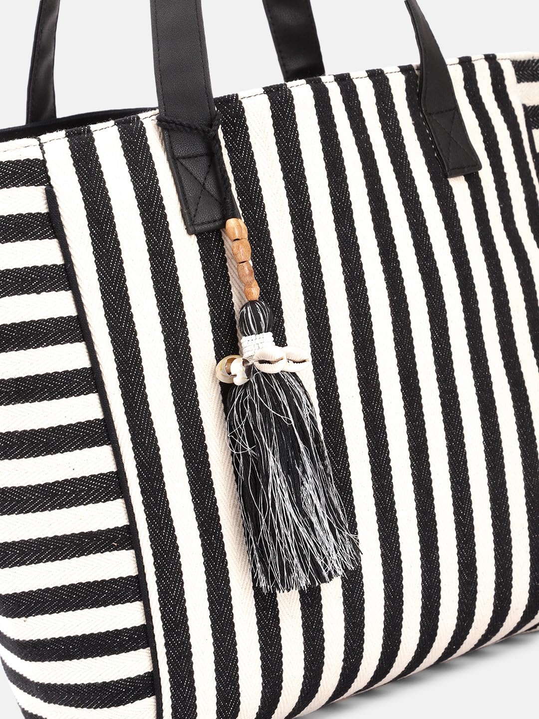 PRIMROSE Women's Black and White Striped Tote Bag with Tassel Accents