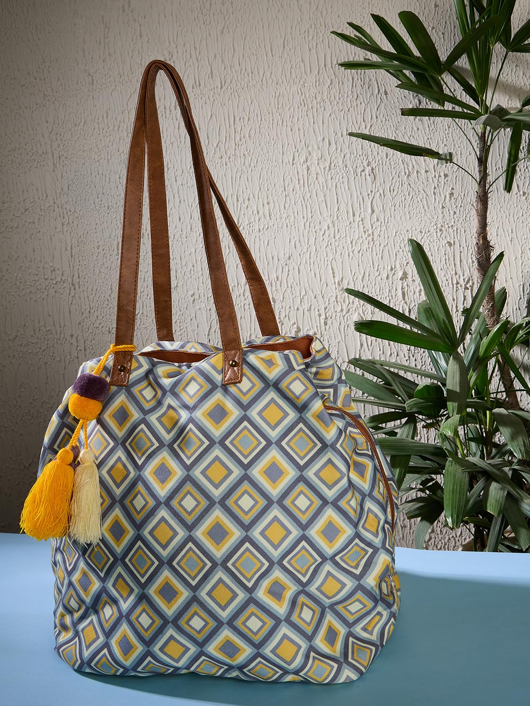 PRIMROSE Geometric Print Tote Bag For Women, Multicolour, with Tassels