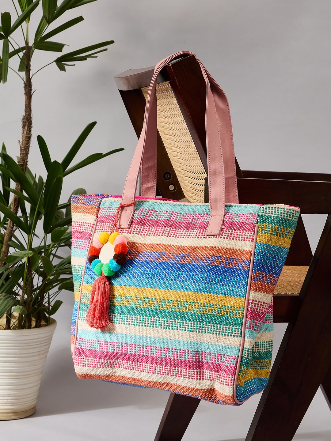 PRIMROSE Multicoloured Jacquard Woven Design Structured Shoulder Bag with Pom-Pom Tasselled