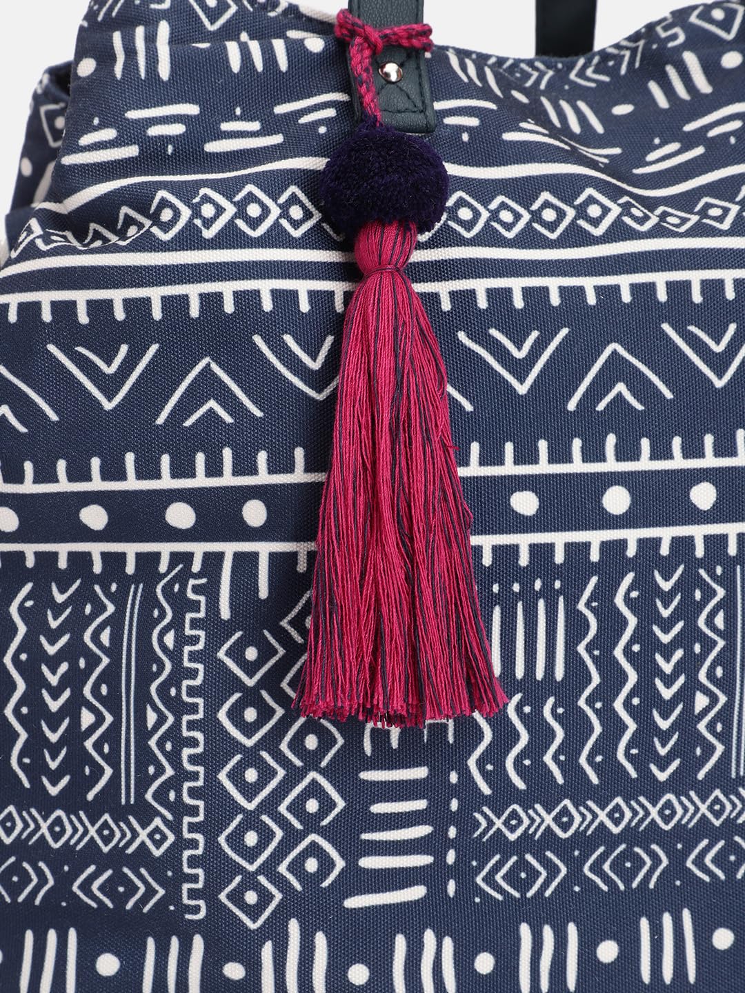 PRIMROSE Printed Tote Bag with Tassel Accent Navy Blue and White Tribal Pattern