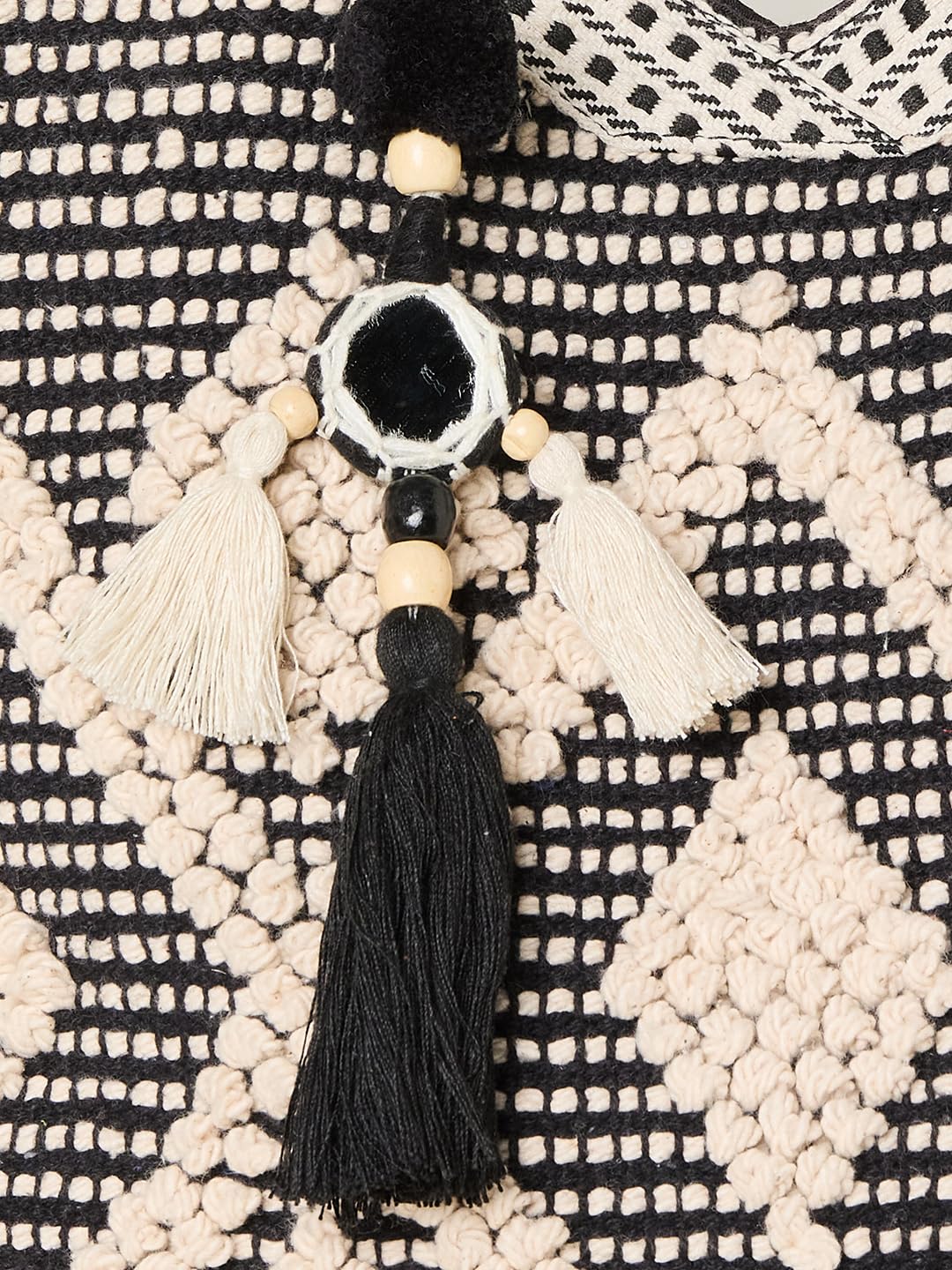 PRIMROSE Woven Crochet Tote Bag with Tassel and Bead Accents, Black and Beige