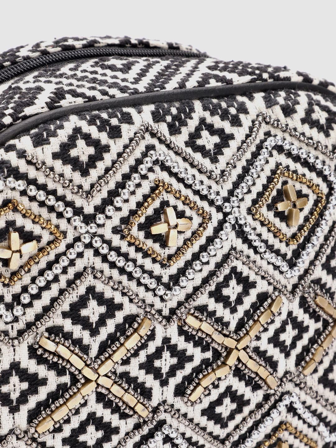 PRIMROSE Women Black & Off-White Woven Design & Embellished Sling Bag