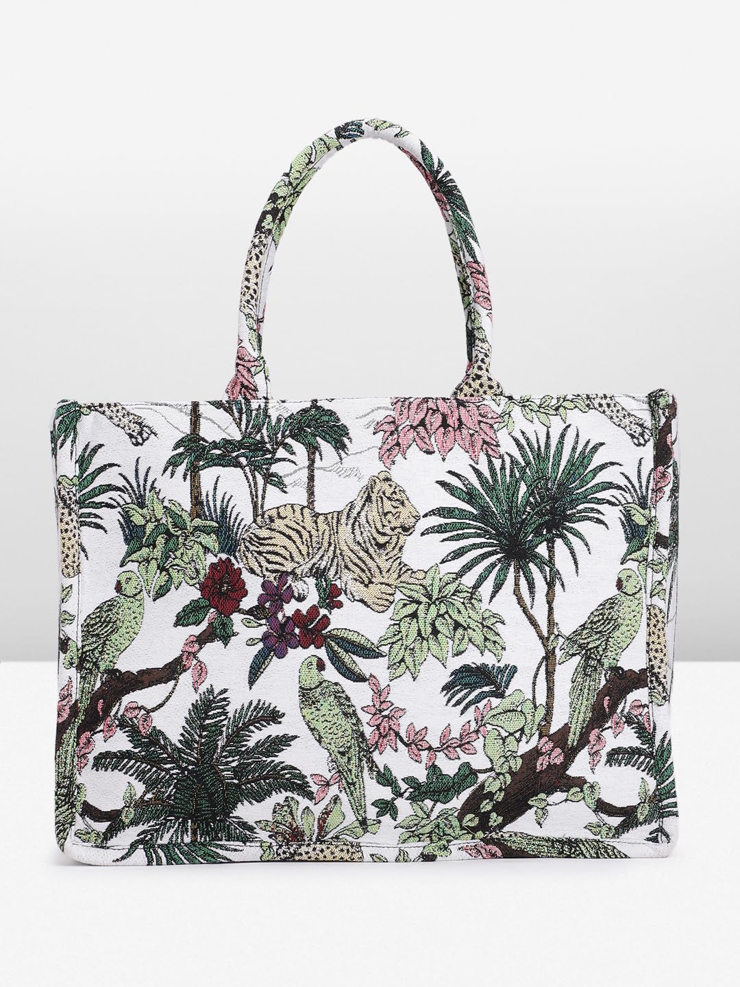 PRIMROSE Cotton Canvas Tropical Print Tote Bag with Palm Trees and Wildlife