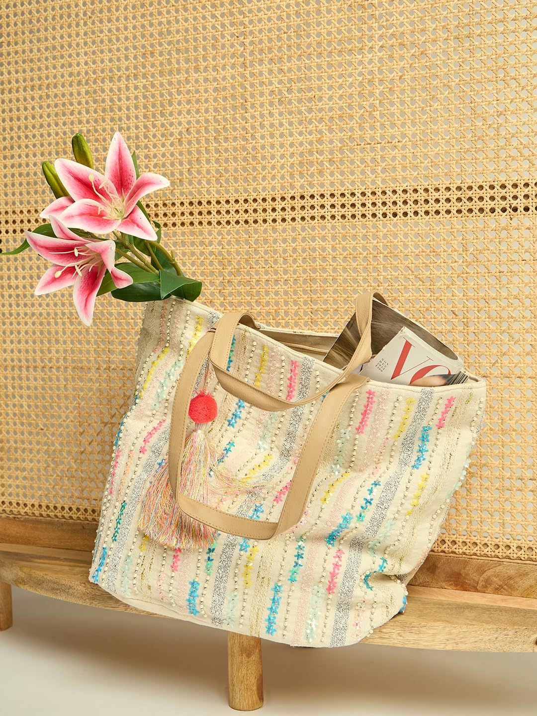 PRIMROSE Handcrafted Multicolour Embroidered Tote Bag with Tassel