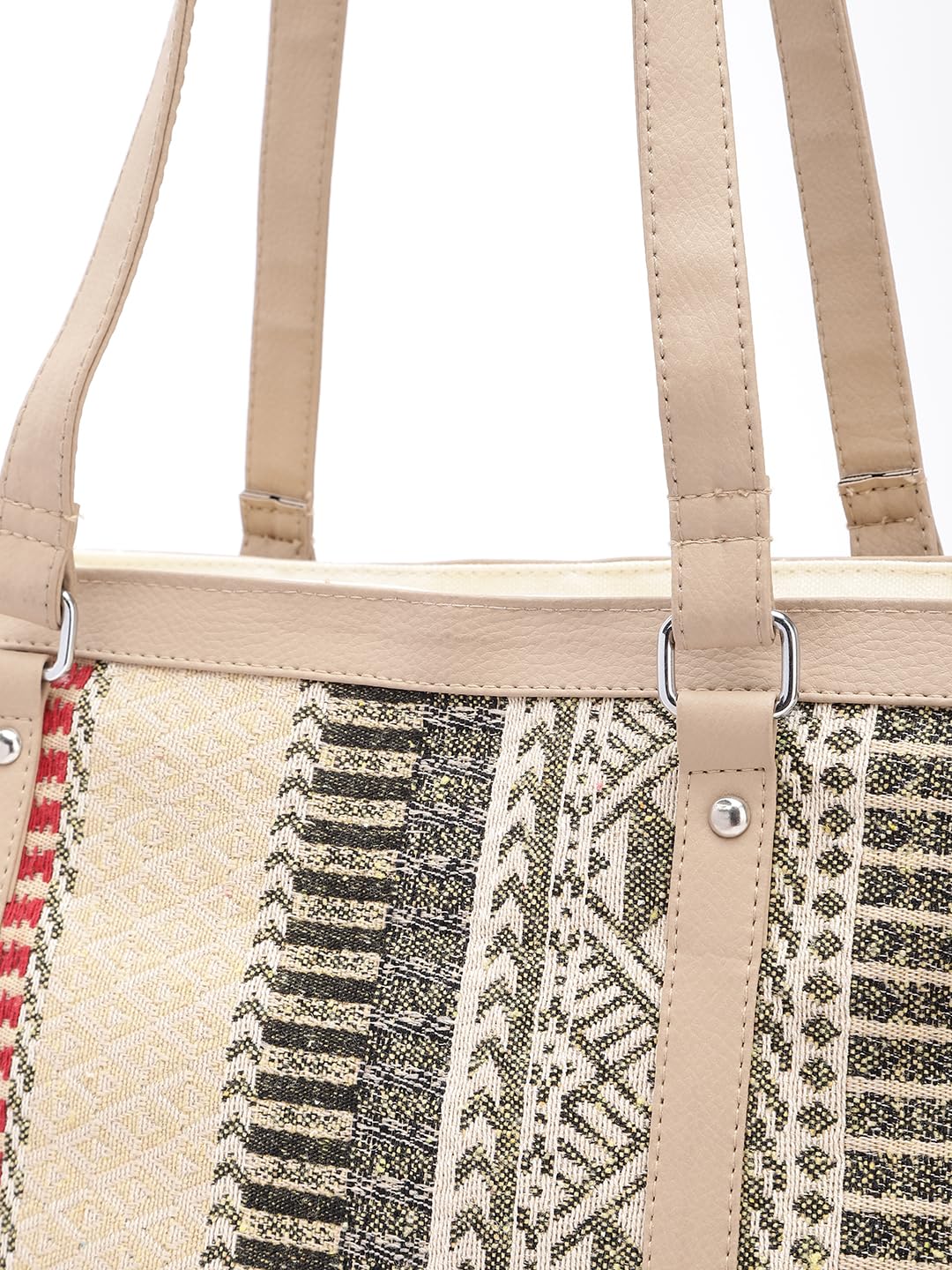 PRIMROSE Ethnic Jute Tote Bag with Geometric Patterns Beige