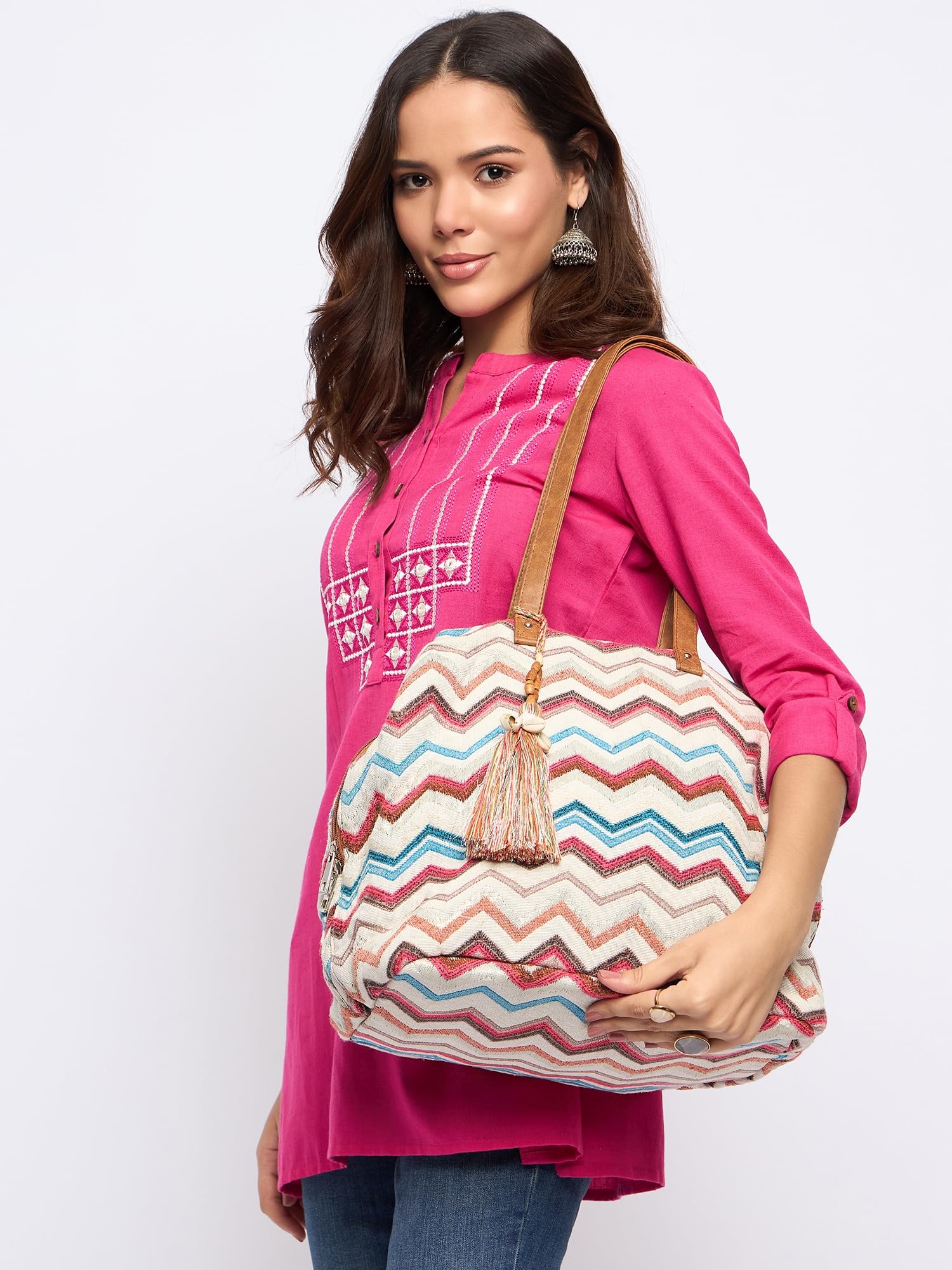 PRIMROSE Chevron Pattern Tote Bag with Tassel, Multicolour