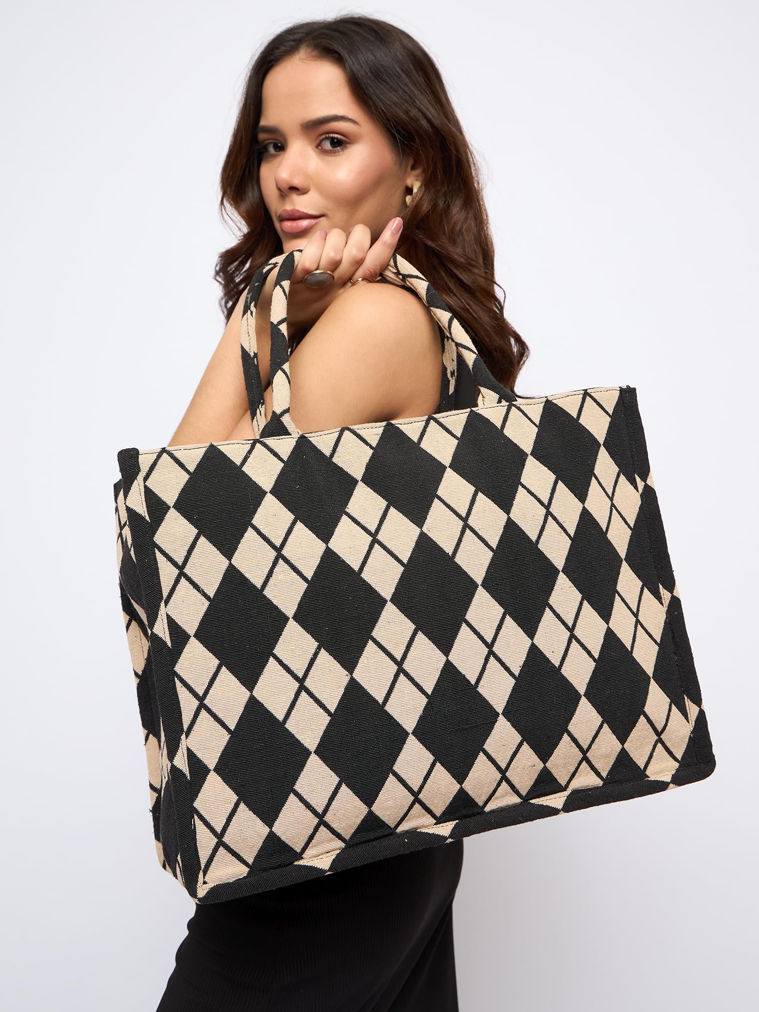 PRIMROSE Diamond Pattern Tote Bag for Women, Black and Beige