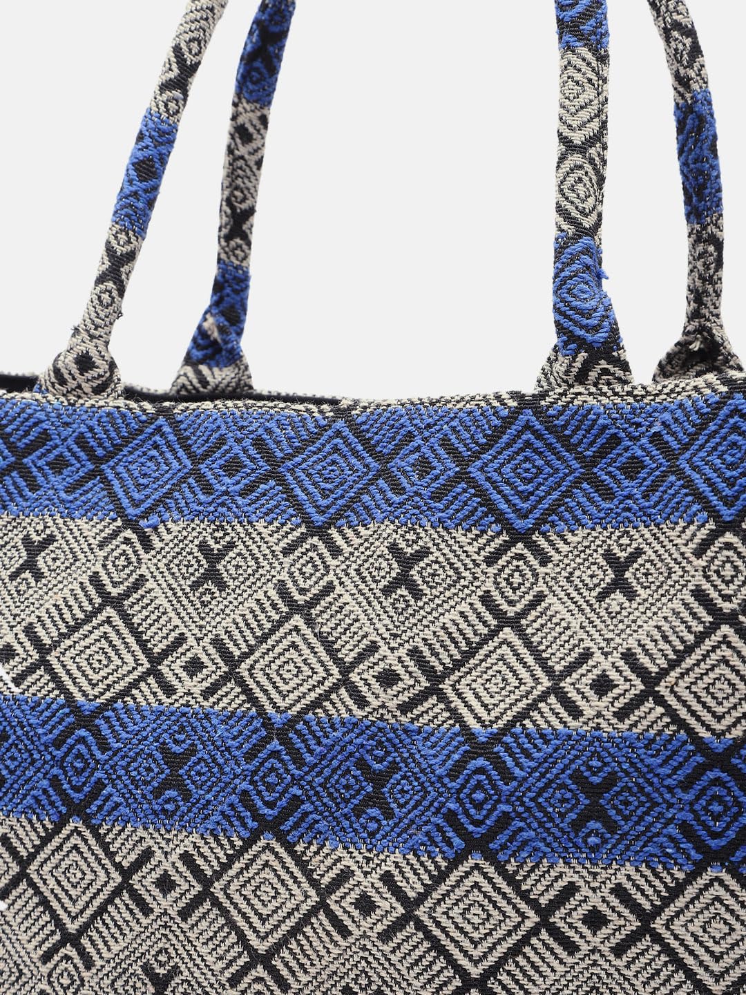 PRIMROSE Handwoven Geometric Pattern Tote Bag, Blue and Grey