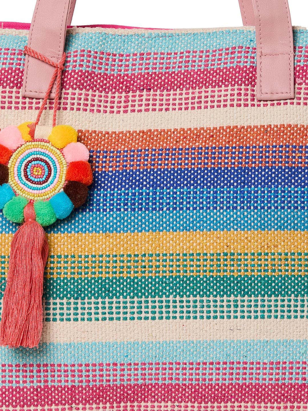 PRIMROSE Multicoloured Jacquard Woven Design Structured Shoulder Bag with Pom-Pom Tasselled