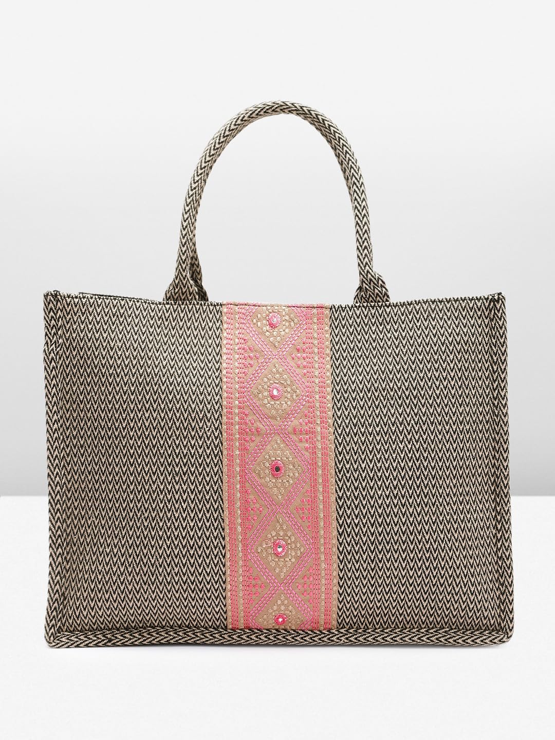 PRIMROSE Woven Tote Bag with Embroidered Pattern, Black and Pink