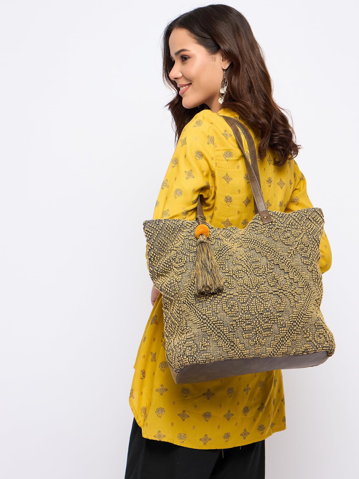 PRIMROSE Women Beige & Grey Woven Design Shoulder Bag with Tasselled Detail