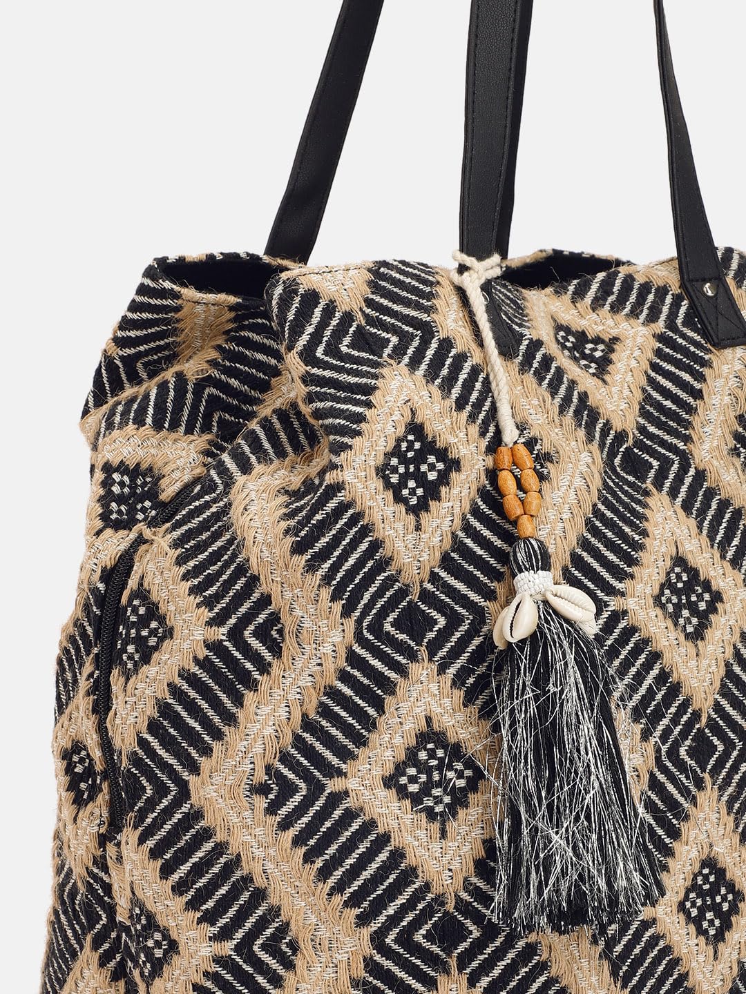 PRIMROSE Ethnic Tote Bag with Diamond Pattern Black and Beige