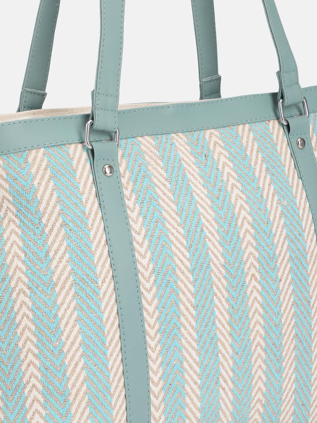 PRIMROSE Patterned Tote Bag for Women Teal and Beige Chevron Design