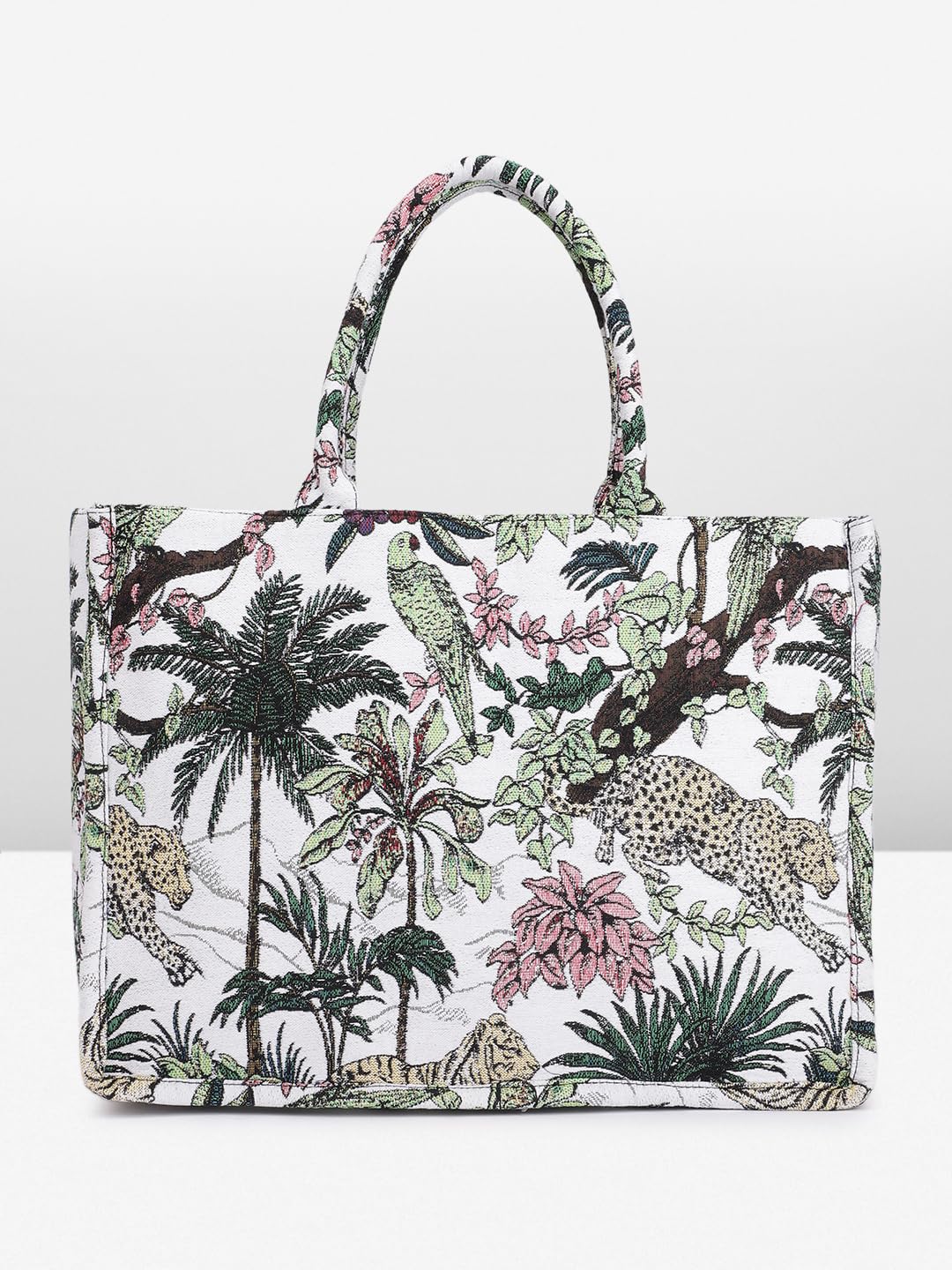 PRIMROSE Cotton Canvas Tropical Print Tote Bag with Palm Trees and Wildlife