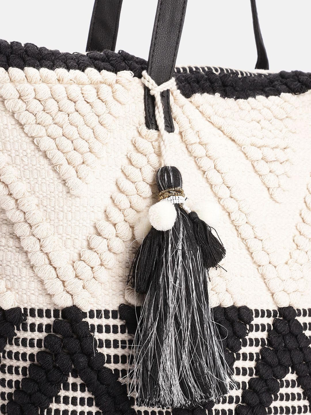 PRIMROSE Handcrafted Woven Tote Bag with Tassel Detail Black and Off-White