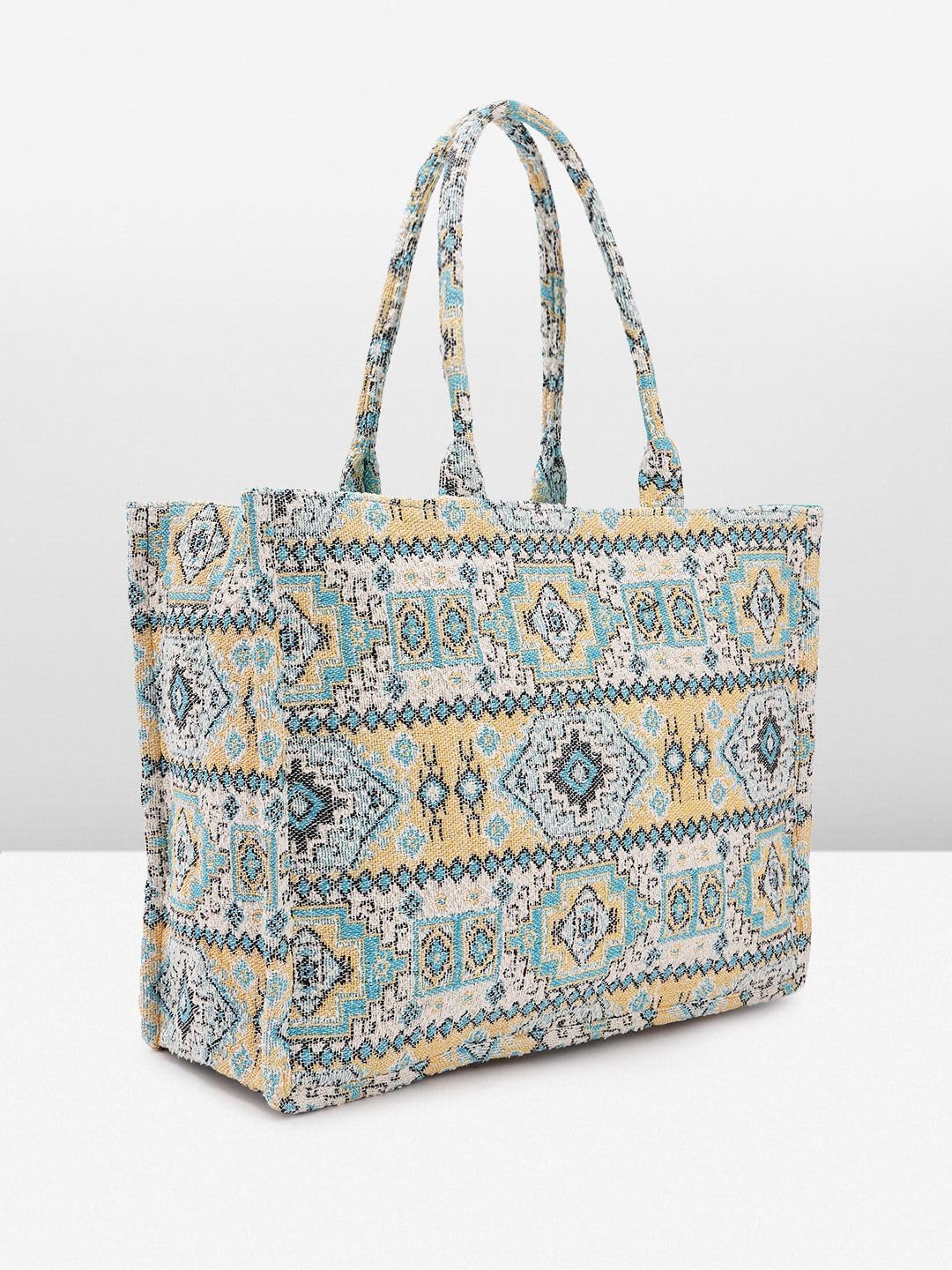 PRIMROSE Handwoven Boho Tote Bag, Multicolour Aztec Diamond Pattern