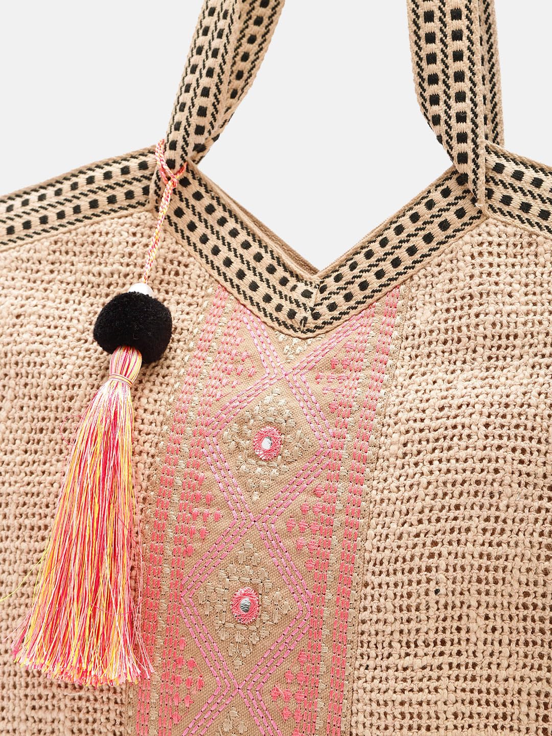 PRIMROSE Handcrafted Woven Tote Bag with Tassel Accent Beige and Pink