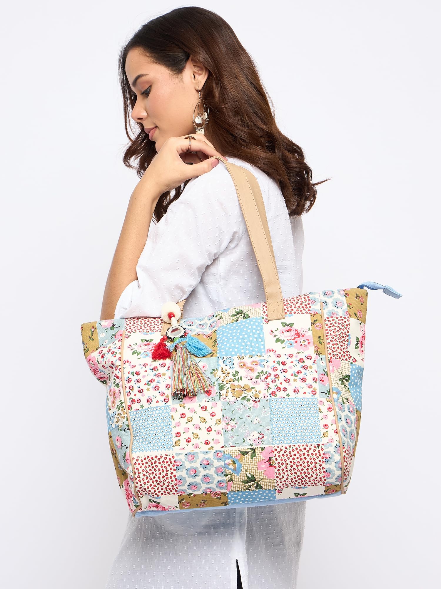 PRIMROSE Floral Print Tote Bag with Tassel Accents, Multicolour