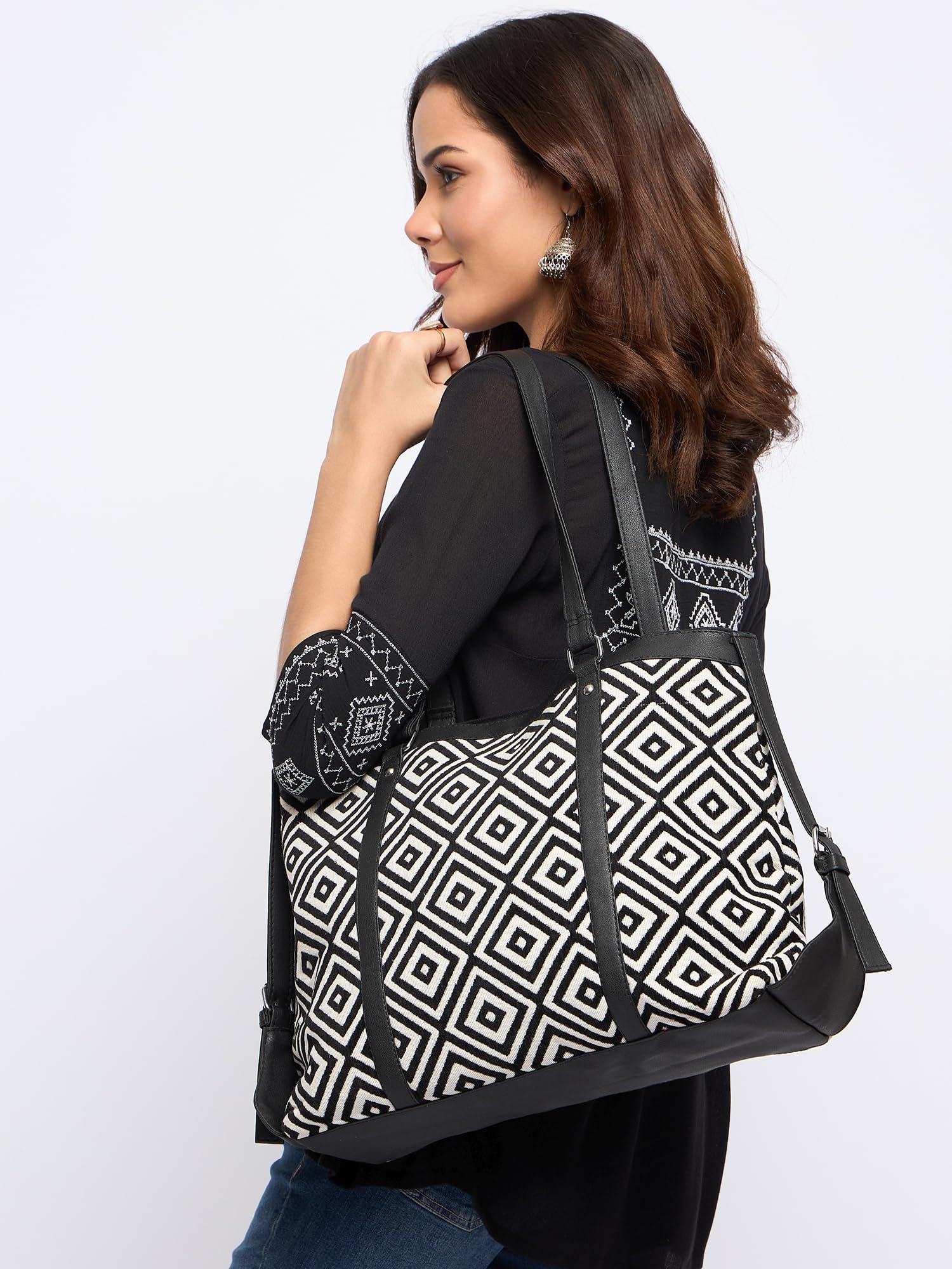 PRIMROSE Geometric Patterned Tote Bag with Dual Handles, Black and White