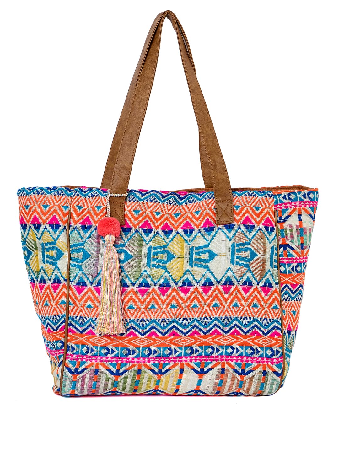 PRIMROSE Multicoloured Aztec Print Tote Bag with Tassel