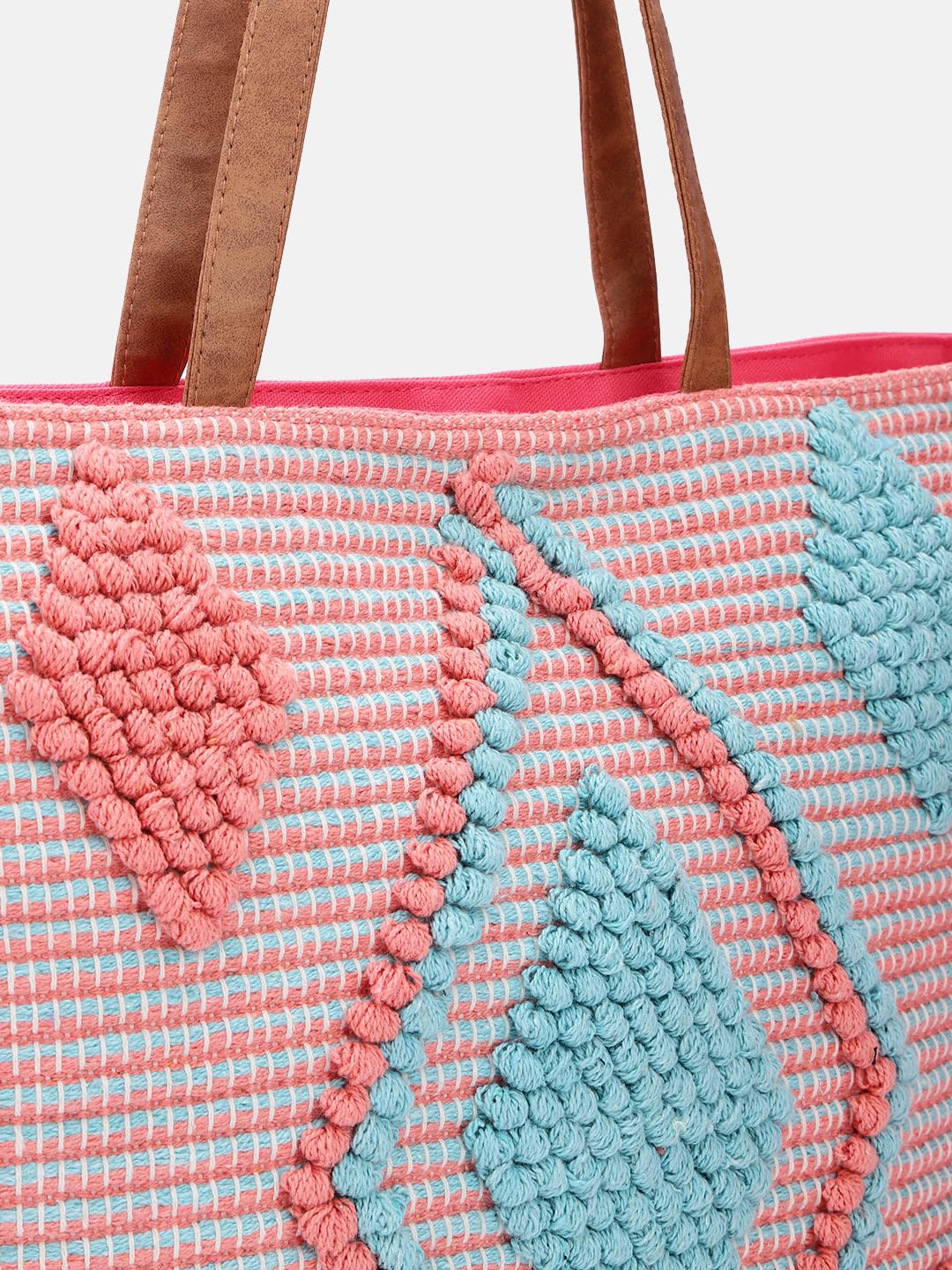 PRIMROSE Handcrafted Woven Tote Bag with Fringe Detailing Pink and Blue