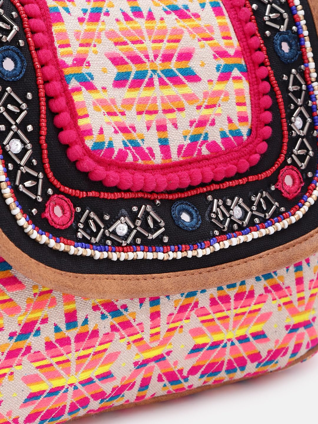 PRIMROSE Ethnic Embroidered Sling Bag with Pom Poms Multicolour