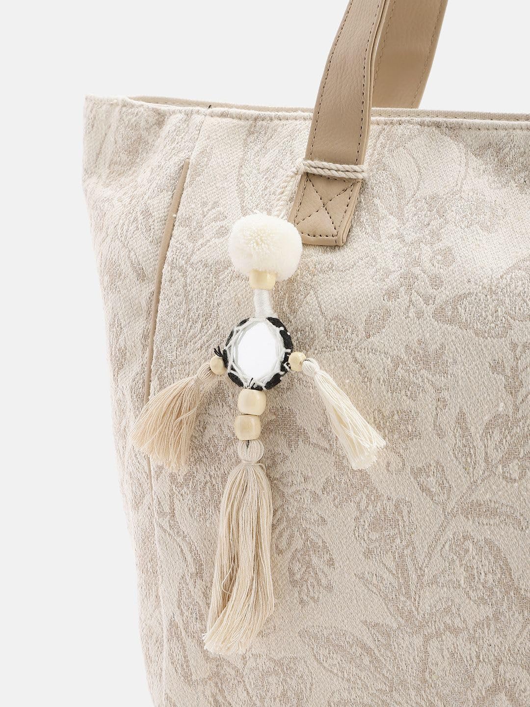 PRIMROSE Beige Tote Bag with Tassel Accent