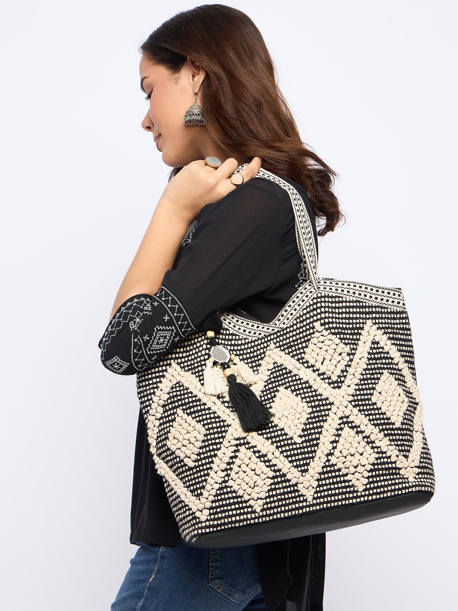 PRIMROSE Woven Crochet Tote Bag with Tassel and Bead Accents, Black and Beige