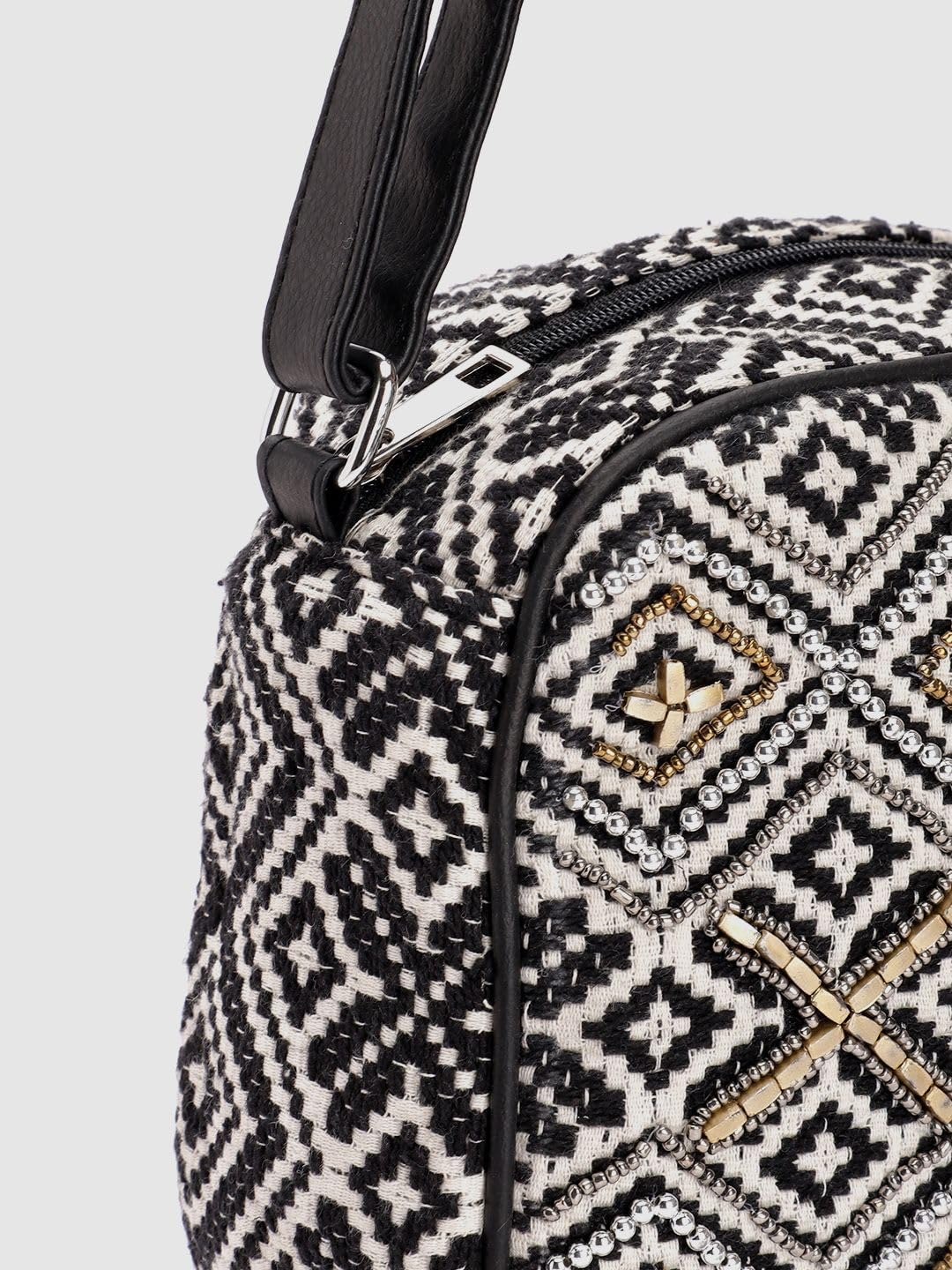 PRIMROSE Women Black & Off-White Woven Design & Embellished Sling Bag