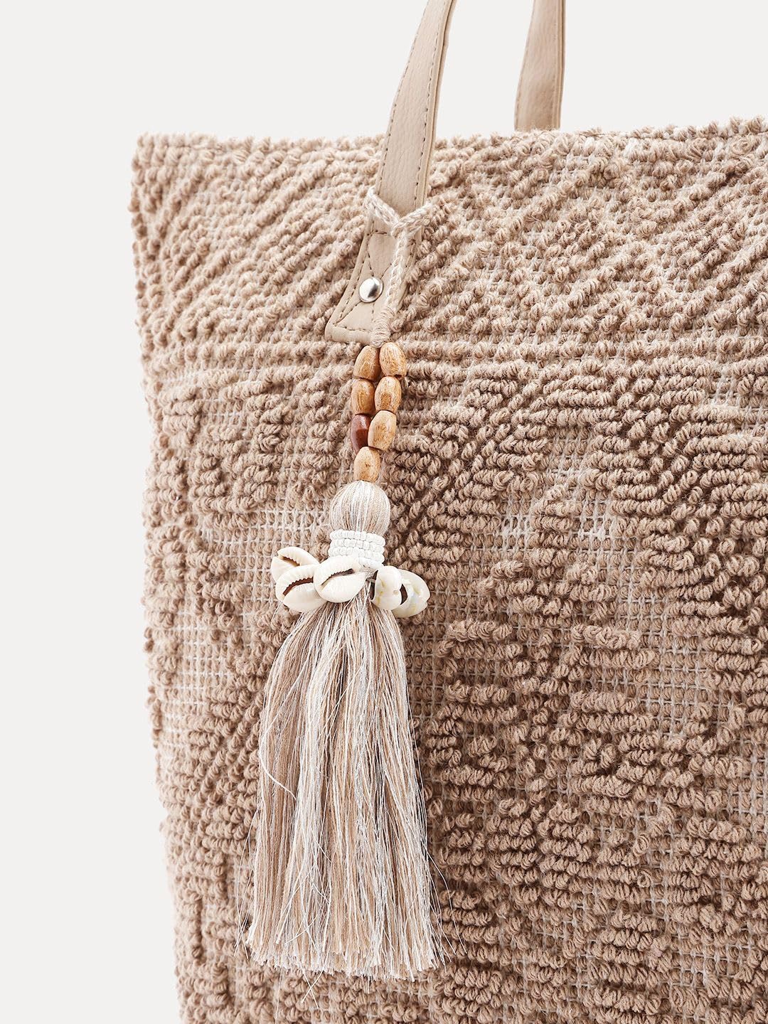 PRIMROSE Beige Woven Tote Bag with Tassels for Women