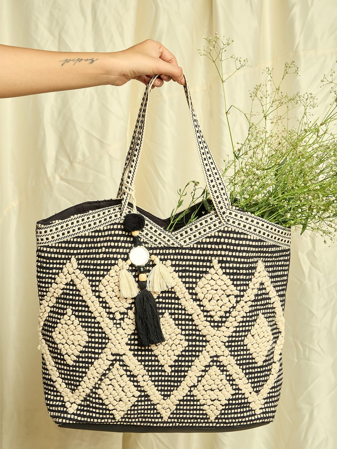 PRIMROSE Woven Crochet Tote Bag with Tassel and Bead Accents, Black and Beige