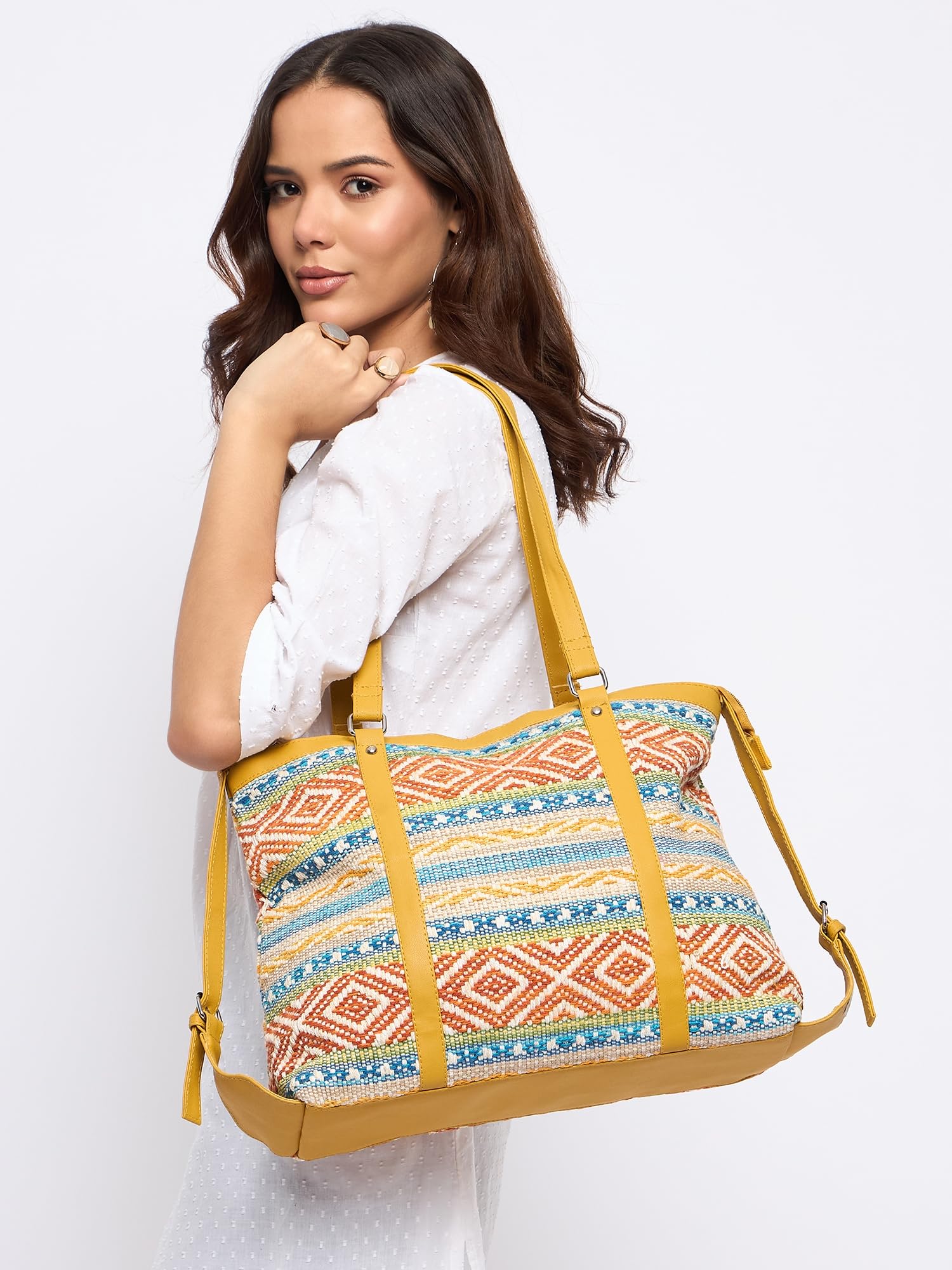 PRIMROSE Woven Multicoloured Shoulder Bag with Geometric Pattern