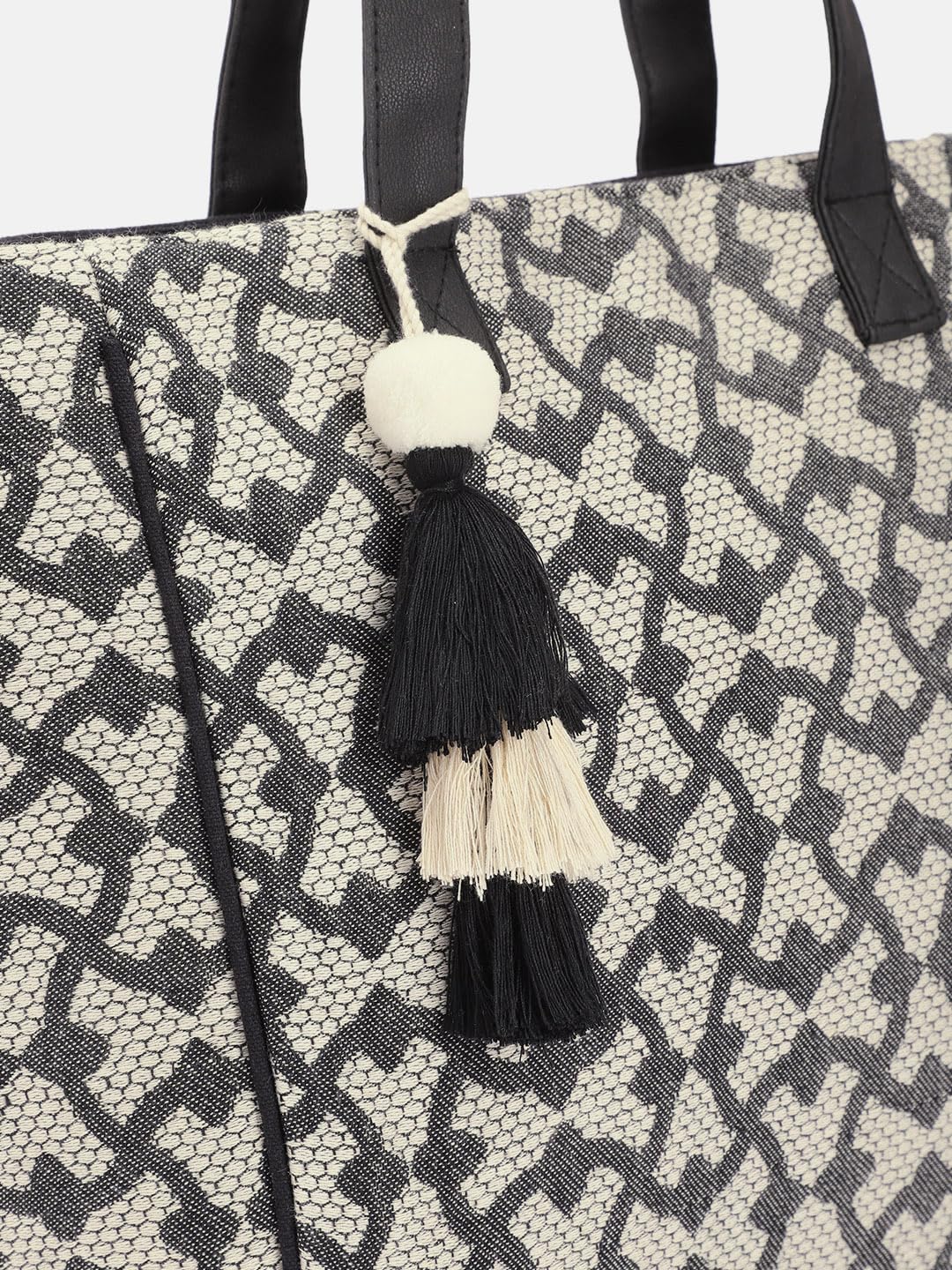 PRIMROSE Geometric Patterned Tote Bag with Tassels, Black and Beige