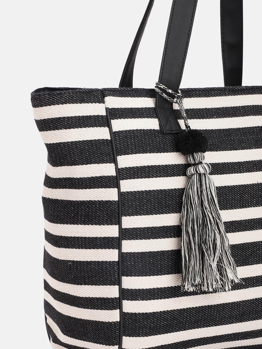 PRIMROSE Striped Canvas Tote Bag with Tassel Black and White