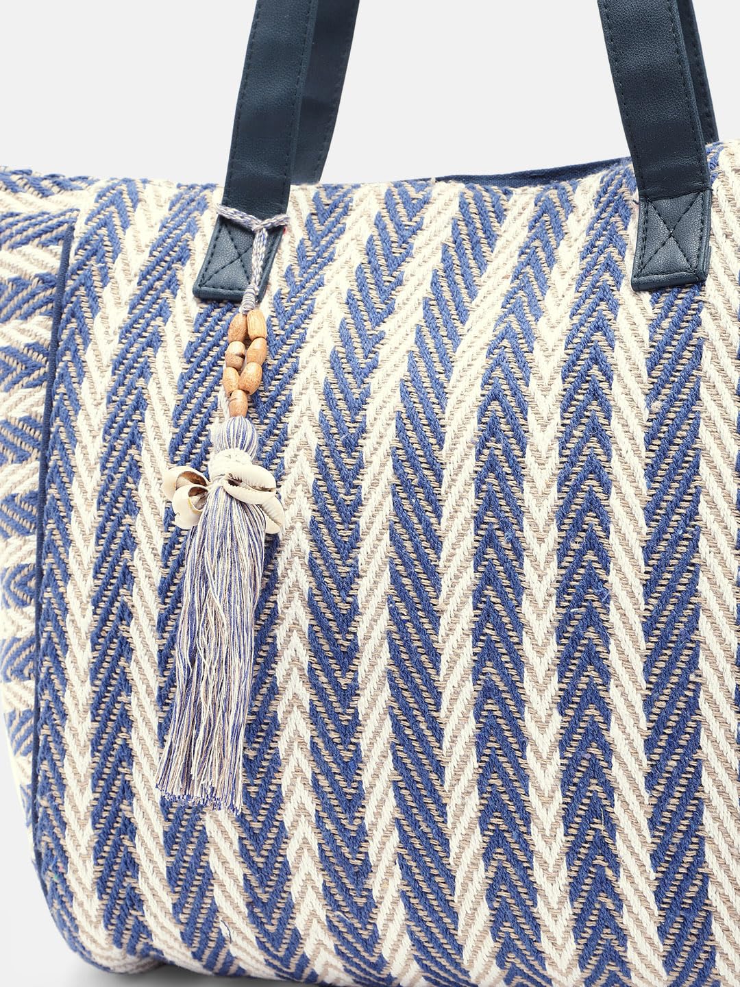 PRIMROSE Woven Tote Bag with Chevron Pattern Navy Blue and Cream Fringed Tassel